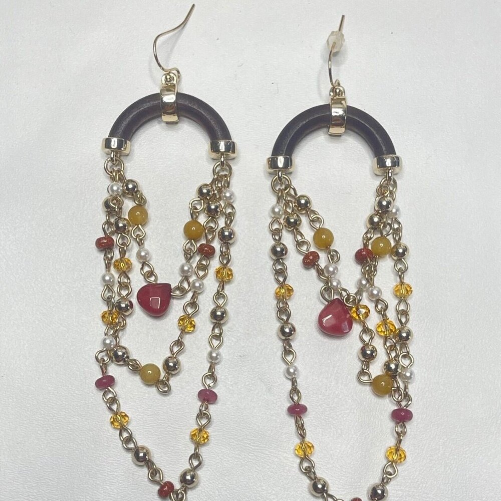 White House Black Market Wood and Sienna Bead Earrings Boho Long Multi Strand